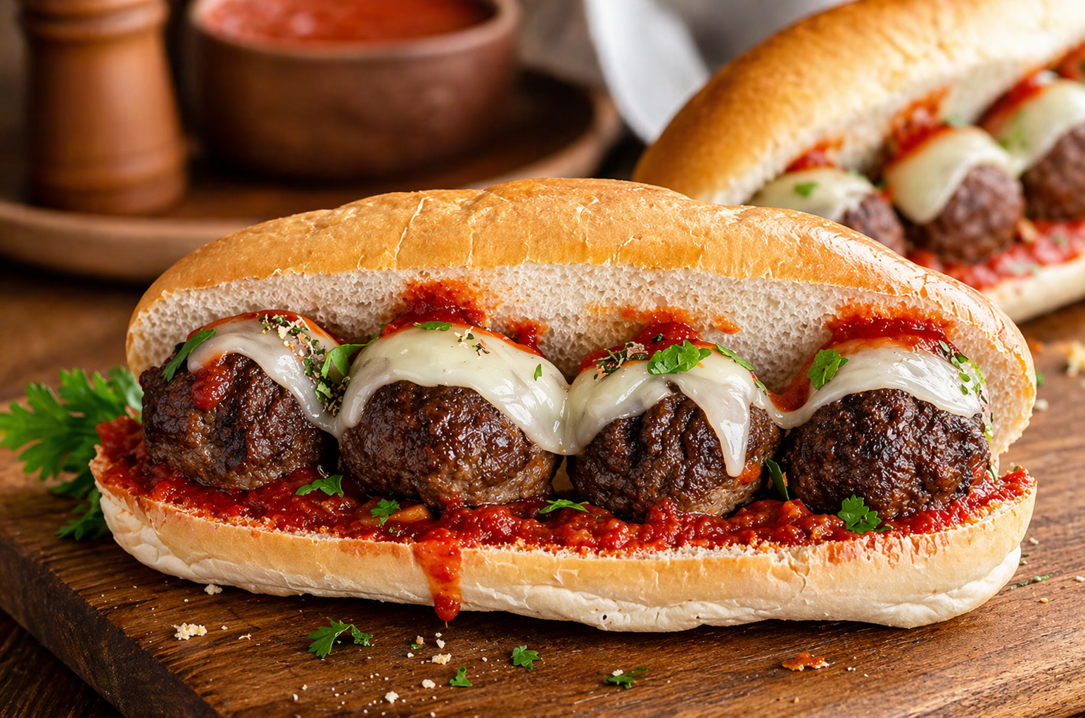 Freshly made meatball sub with provolone cheese and marinara sauce
